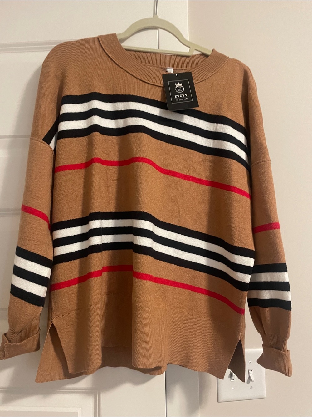 ETCYY  Camel Striped Crewneck Sweater with Red & Black Bands